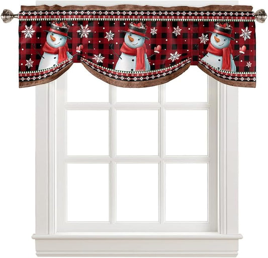 Christmas Blackout Tie Up Valance Curtains for Kitchen Windows Funny Snowman Snowflake Window Toppers Balloon Shades for Living Room/Bathroom/Bedroom,1 Panel,60" X 18" Red Farmhouse