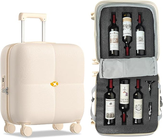 Wine Suitcase, 6 Bottle Wine Luggage, Durable Wine Travel Case, Fly With Wine Suitcase with TSA Lock, Versatile Wine Carrier with Removable Inserts and Silent Spinner Wheels（Cream）