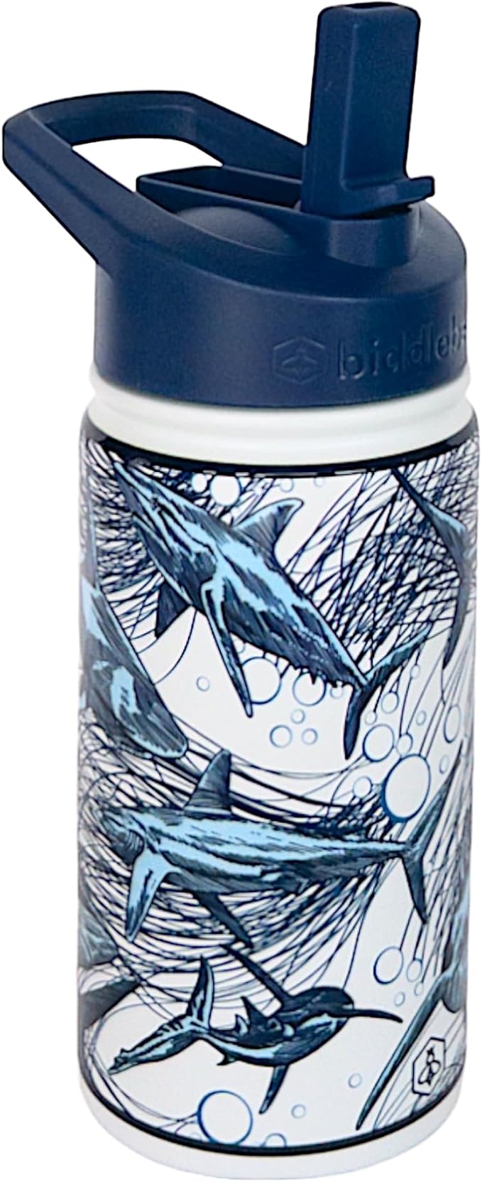 Biddlebee Kids Water Bottle with Straw Lid | 14oz Insulated Stainless Steel Reusable Bottles for School | Leak Proof Cap with Handle & Touch Free Spout | Great for Boys & Girls (Sharks)