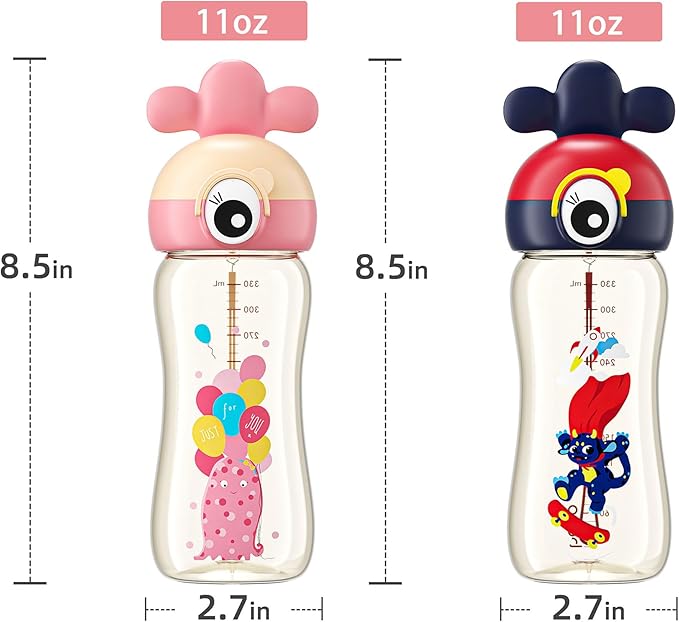 Kids Water Bottle for School or Travel, 11oz Reusable Kids School Water Bottle, Leak-Proof Portable Water Bottle for Girls & Boys, BPA-free (Red+Yellow, 2 Pack)