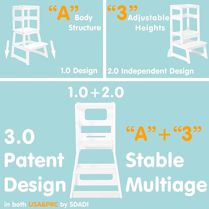 SDADI Mother's Helper Adjustable Height Plastic Kitchen Step Stool for Children, Kids Toddlers Counter Level Learning Stool for Kitchen & Bathroom,Blue and Light Grey