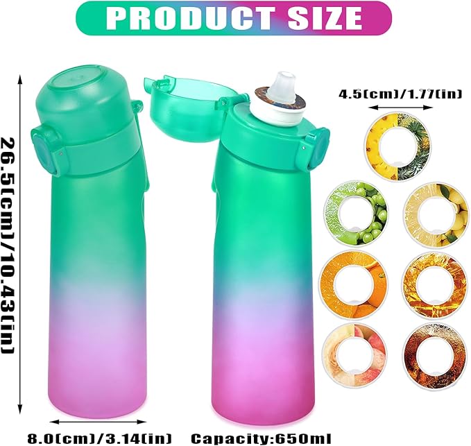 Water Bottle with Flavor Pods 21.9 Oz/650ml Fruit Fragrance Water Bottle Recyclable Sports Air Water Cup Scented Pods for Outdoor (Green Purple)