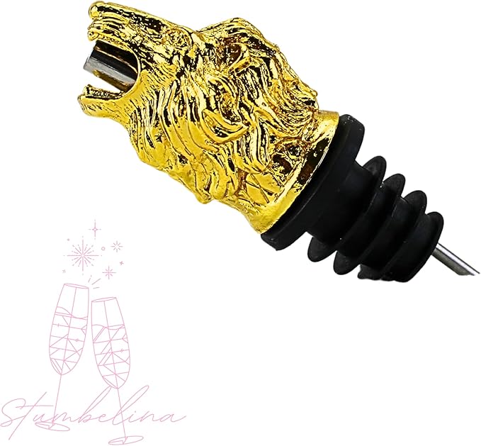 Wine & Olive Oil Pourer | Gold Color Stainless Steel | Bottle Stopper Aerator for Whiskey and Liquor | Decanter and Bar Tools Accessories and Gift Set Ideas for Her and Him (LION)
