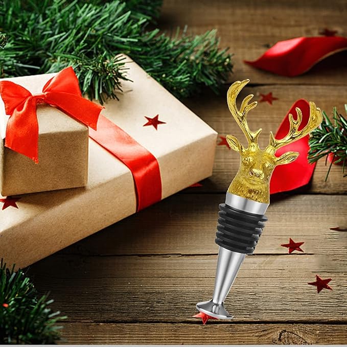 Wine and Beverage Bottle Stopper,Funny Deer Decoratice wine stopper with Shiny Gold Finish, Reusable Food-Grade Zinc Alloy, Silicone wine stopper with Gift Box