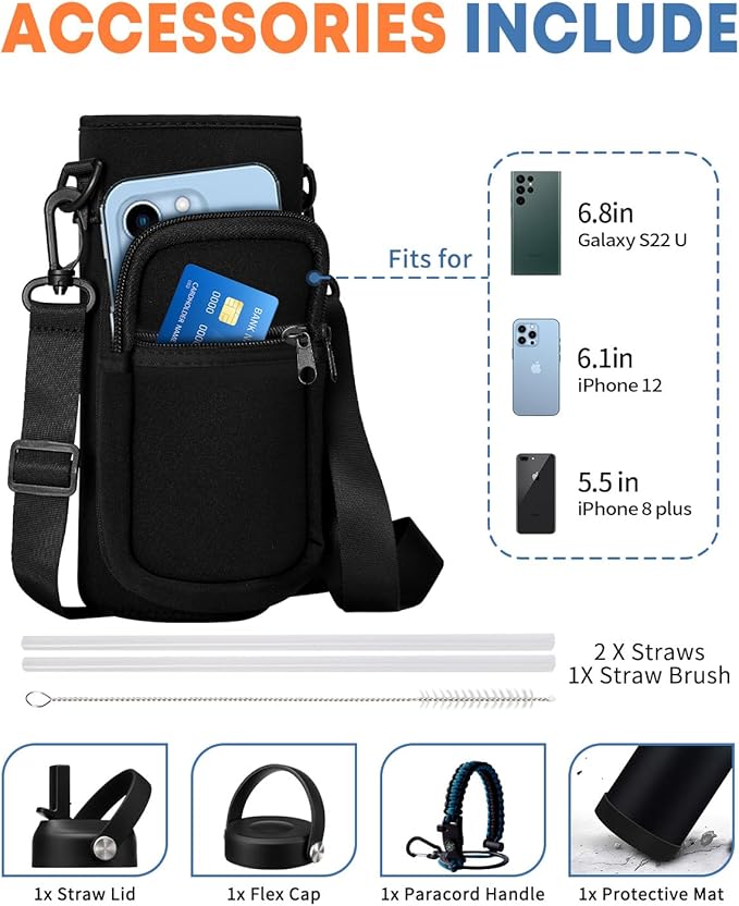 Insulated Water Bottle 40oz with Straw - Paracord Handle, Flex Cap, Bottle Holder with Strap & Silicone Cup boot, Vacuum Stainless Steel Water Bottles, Gym Water Flask Metal Jug Keep Cold 48H Hot 24H