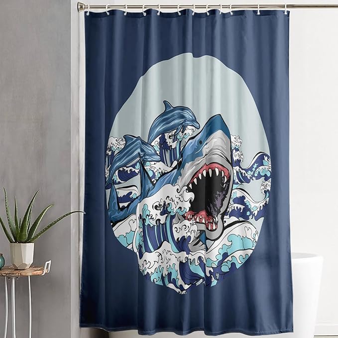 AILONEN Cartoon Shark Shower Curtain for Kids Boys Girls,Blue Ocean Wave with Shark Waterproof Fabric Shower Curtain for Bathroom,Blue Jumping Dolphin Theme Shower Curtain Set with Hooks,72" W*96" H