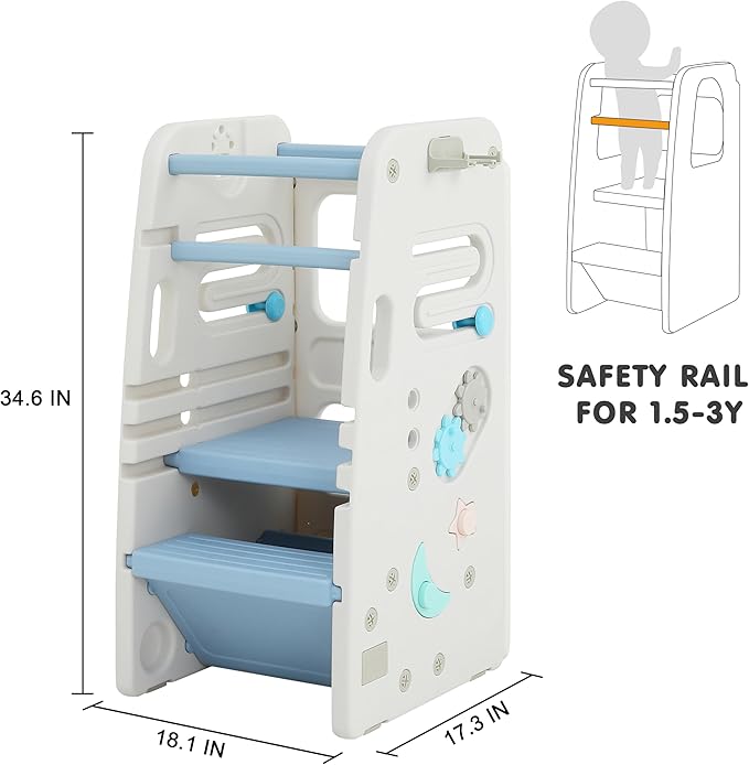 SDADI Multifunctional Toddler Tower with Double Safety Rails - Adjustable & Non-Slip for Kitchen and Bathroom Use - Montessori Step Stool for Kids, Beige and Baby Blue