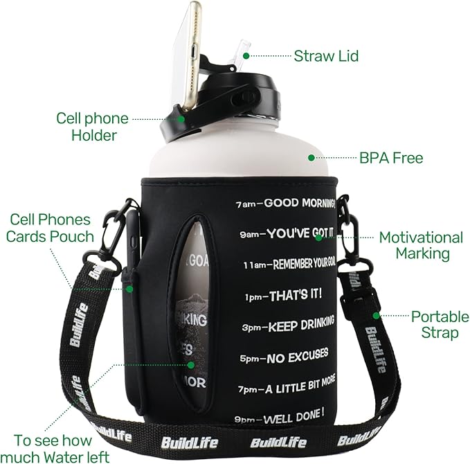 QuiFit 1 Gallon Water Bottle - with Straw & Motivational Time Marker Leak-Proof BPA Free Reusable Gym Sports Outdoor Large(128OZ) Capacity Water Jug(Gray/Black with Sleeve,1 Gallon)