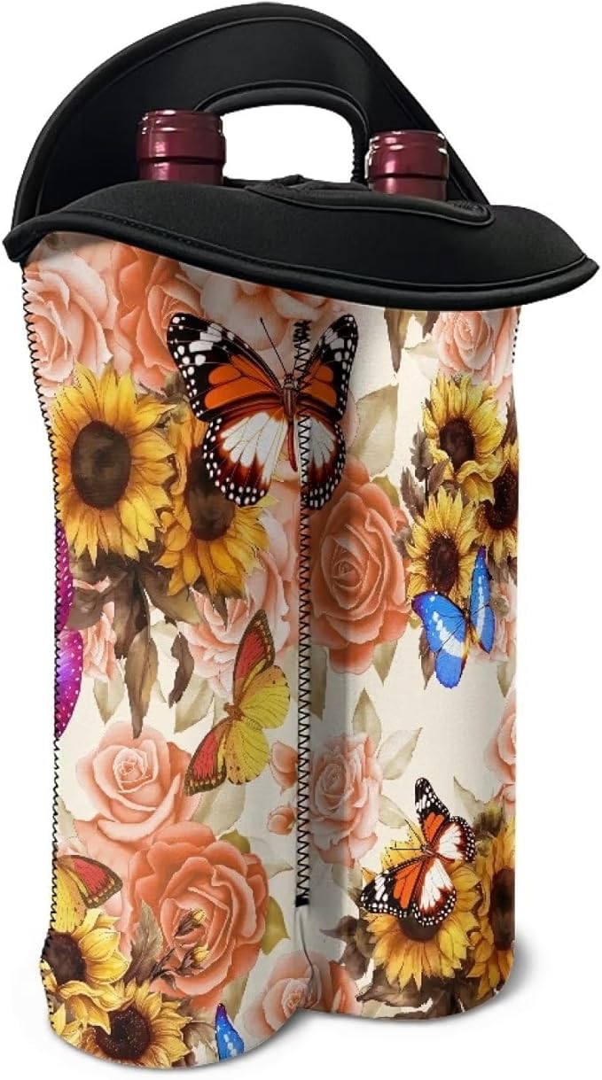 doginthehole Rose Butterfly Wine Bag Two Bottles Wine Bottle Carriers Tote Sunflower Print Wine Carrying Cooler Tote Bag Reusable Wine Bottle Protector Neoprene Protective Sleeve