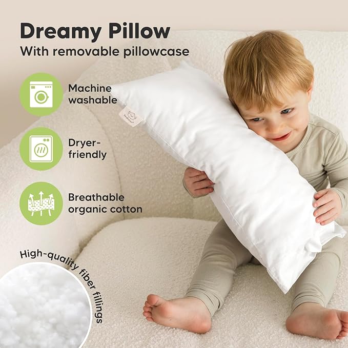 Toddler Pillow with Pillowcase - 10x18 My Little Dreamy Pillow, Organic Toddler Pillows for Sleeping, Kids Pillow, Small Pillows, Toddler Travel Pillows for Sleeping, Toddler Bed Pillows (Soft White)