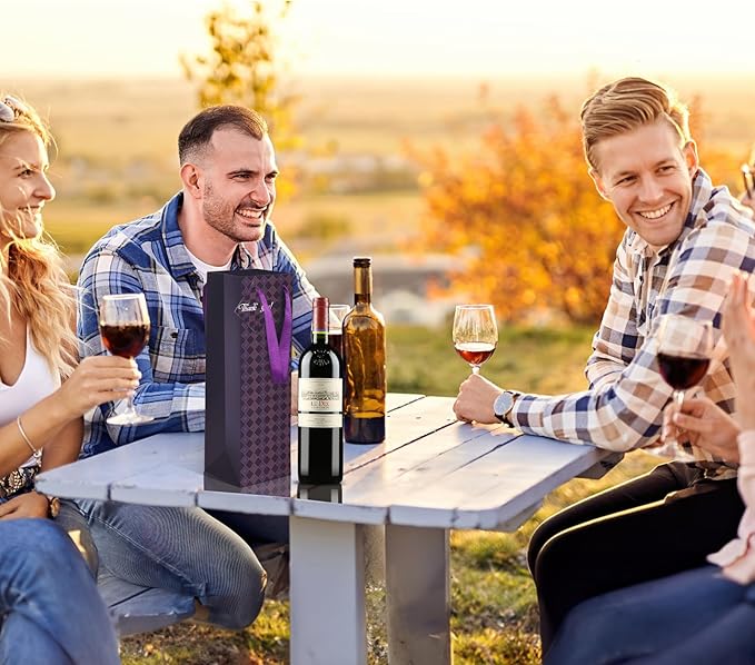 Wine Bags, 6 Packs, Strong Card Paper Wine Gift Bag with Ribbon Handles and Thank You Card, 4-3/8x 4 x 14 Fit 750ml Wine Bottle or Champagnes - Purple 6