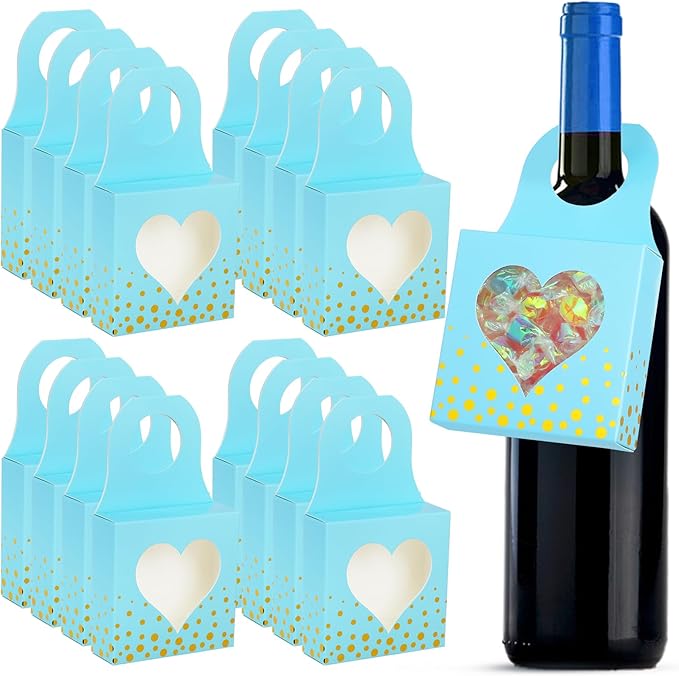 ISKYBOB 25 Pieces Wine Bottle Box with Window, Kraft Paper Wine Boxes for Gifts Hanging Wine Bottle Gift Box Foldable Wine Bottle Hanger Favor Box for Holding Candy Truffles Chocolate Cookies (Blue)