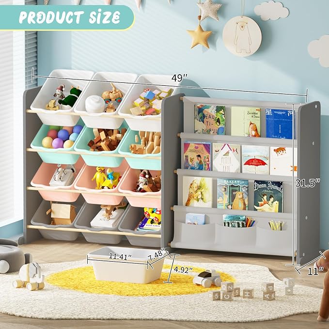 Kids Toy Storage Organizer - Toy Organizer with Kids Bookshelf, Toy Storage with 12 Toy Multi-Color Bins and 4 Book Shelves, Toy Organizers and Storage for Playroom, Nursery, Kids Room, Grey