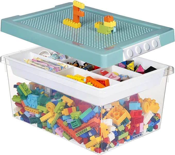 loobuu Plastic Storage Bins with Lids - 1 Set Stackable Arts Crafts Organizer Box with Removable Divided Tray &Compatible Building Baseplate,Toy Chest Containers for Bricks -Green(14.37"x9.64"x6.69")