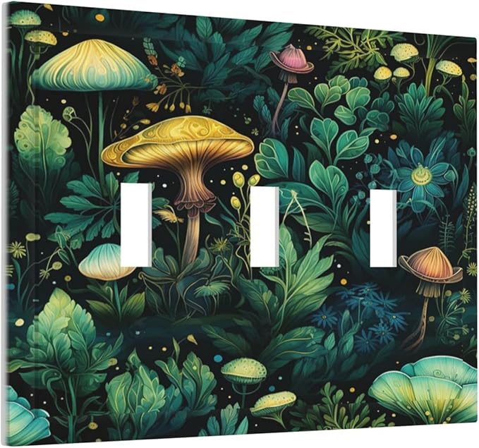 Green Dark Forest Mystical Mushroom 3 Gang Light Switch Covers Triple Toggle Wall Plate Decorative Switchplate Electrical Faceplate for Country Bathroom Bedroom Kitchen Decor