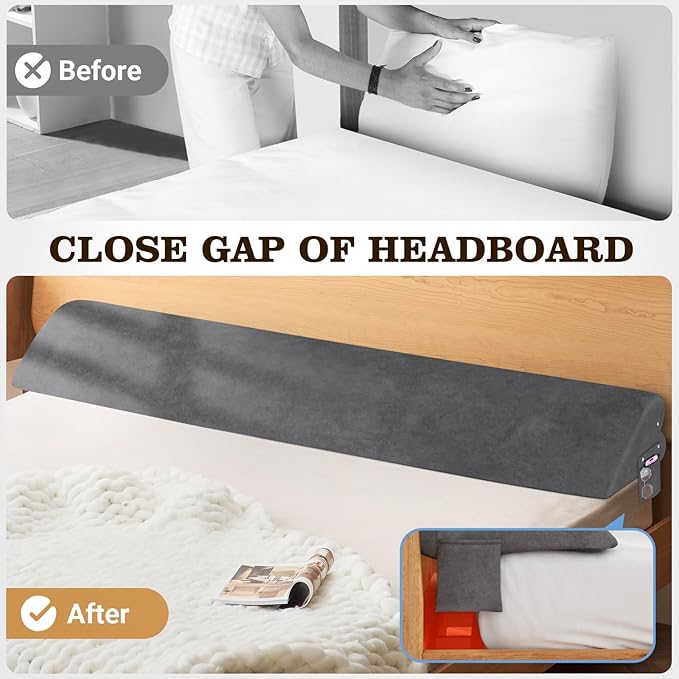 Heart-Shaped Bed Wedge Pillow for Headboard Gap with Adjustable Pocket, Grey Bed Gap Filler (0-8"), Headboard Bed Pillow Wedge, Mattress Gap Filler Queen(76"x10"x5")