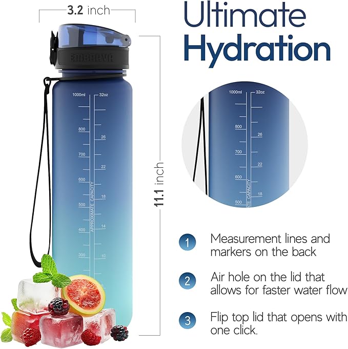 Embrava Sports Water Bottle - 32oz Large - Fast Flow Quick Sip Lid - BPA & BPS Free - Leakproof, Flip Top - Lightweight & Sturdy Tritan Plastic - Strainer for Fruit & Ice