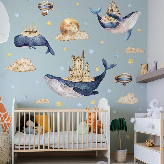 Cartoon Animals Wall Stickers for Kids Bedroom Nursery, Whale Wall Decals, Blue