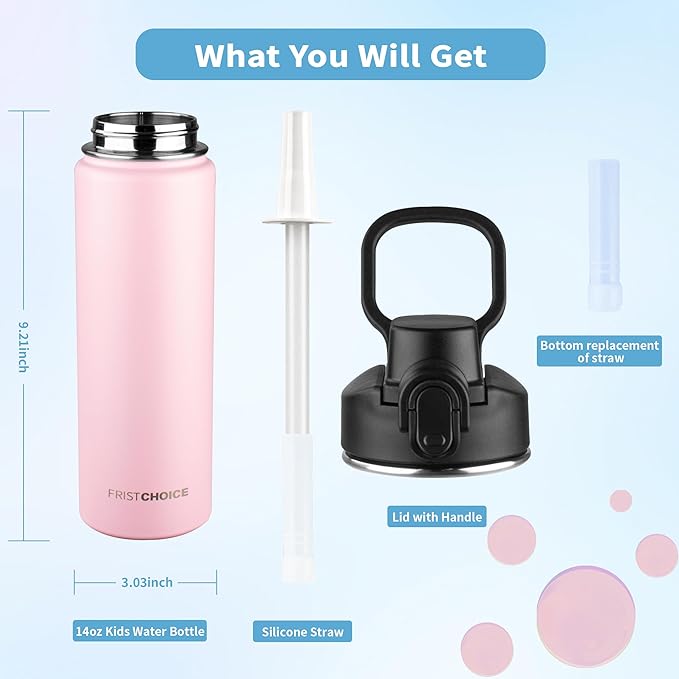 Insulated water bottle with Straw,24oz Stainless Steel Water Bottle for Adult Kids,Double Wall Vacuum Wide Mouth Insulated Water Bottle for Sports,BPA-free and Leak-proof（24oz,Pink）