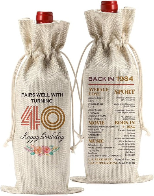 Funny 40th Birthday Gifts Women Men Wine Bag, Happy Anniversary 40th birthday Party Decorations Men Woman Wine Bags, 40 Year Old Birthday Gifts for Women Men Wine Bottle Bag
