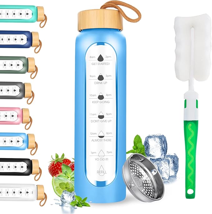 32 Oz Borosilicate Glass Water Bottle with Times to Drink | BPA Free - Reusable Wide Mouth Glass Motivational Water Bottles with Infuser & Silicone Sleeve (azure)