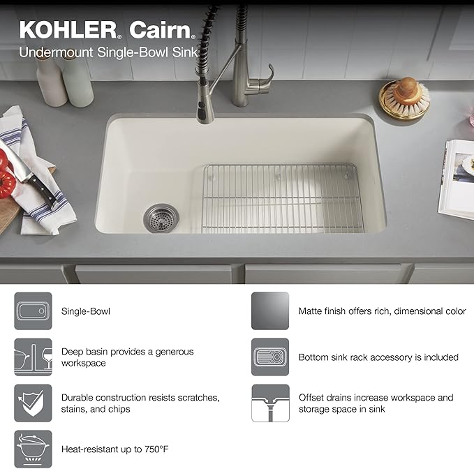 KOHLER 8206-CM6 Cairn 33-1/2" Undermount Single-Bowl Kitchen Sink, Neoroc Composite Kitchen Sink, Single-Bowl Sink with Bottom Sink Rack, Matte White