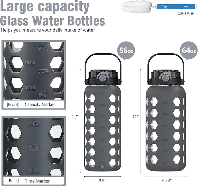 MUKOKO Half Gallon/64 oz Glass Water Bottles with Straw and Lid,Motivational Water Jug with Time Marker Reminder and Silicone Sleeve,100% Leakproof BPA Free Fitness Sports Large Bottle-Grey