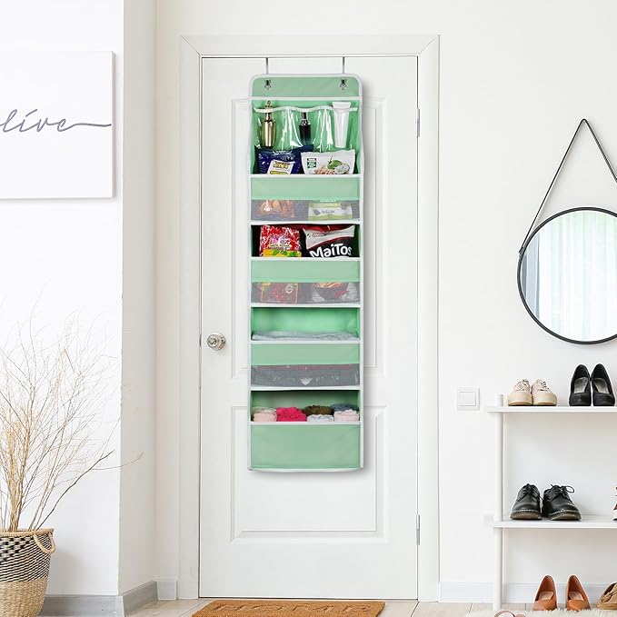 Univivi Over Door Organizer Baby Door Storage Wall Mount Storage with 3 Small PVC Pockets and 4 Large Pockets Ideal for Baby Stuff, Toiletries and Sundries (Green)