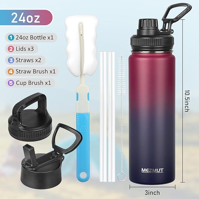 Insulated Water Bottle 24oz Stainless Steel Water Bottles with Straw&3 Lids Sports Metal Water Bottle Thermos Cup Double Walled Vacuum Insulated Bottles Leak-Proof Travel (Gradient Red Blue)