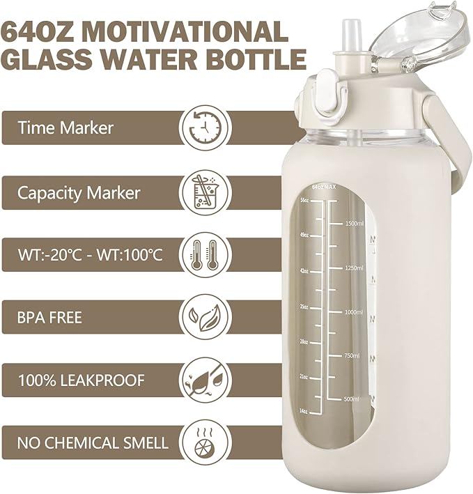kytffu 64oz Glass Water Bottles with Straw, Half Gallon Motivational Glass Bottle with Silicone Sleeve and Time Marker, 2L Leakproof Large Glass Water Jug for Gym Home Office,White