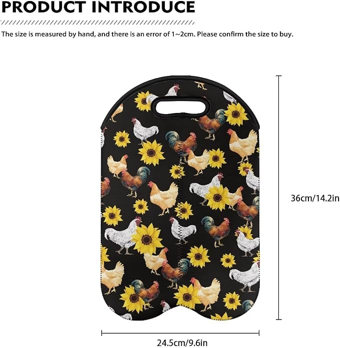 doginthehole Chicken Wine Bag Neoprene Wine Tote Insulated Bag Two Bottle Wine Carrier Sunflower Rooster Wine Bottle Covers Protector Sleeve Reusable Wine Bottle Holder Champagne Beer Bags for Travel
