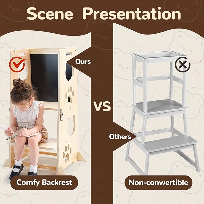 Collapsible Toddler Kitchen Step Stool With Chalkboard, Safety Rail, and Standing Tower for Kids 1-3