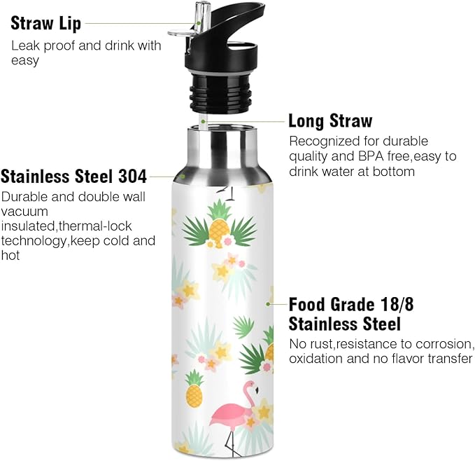Qilmy Black and White Leopard Water Bottle Vacuum Insulated Stainless Steel Water Bottles with Straw Lid Leakproof Wide Mouth Water Flask for Fitness Outdoor Sports, 20 oz
