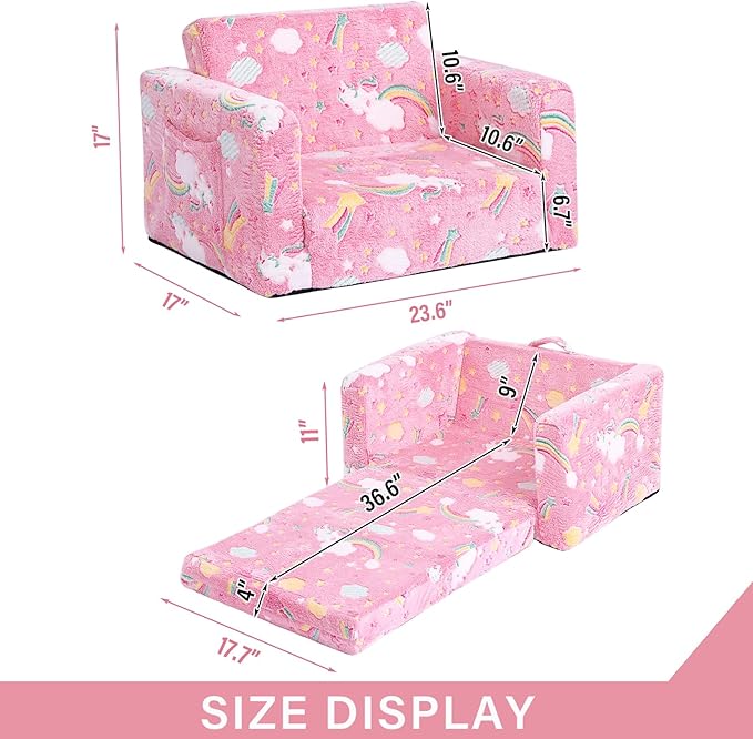 Tiita Toddler Chairs, 2-in-1 Kids Sofa Bed Fold Out, Plush Children's Foam Chair for Boys and Girls, Small Convertible Couch for Baby, Pink Rainbow