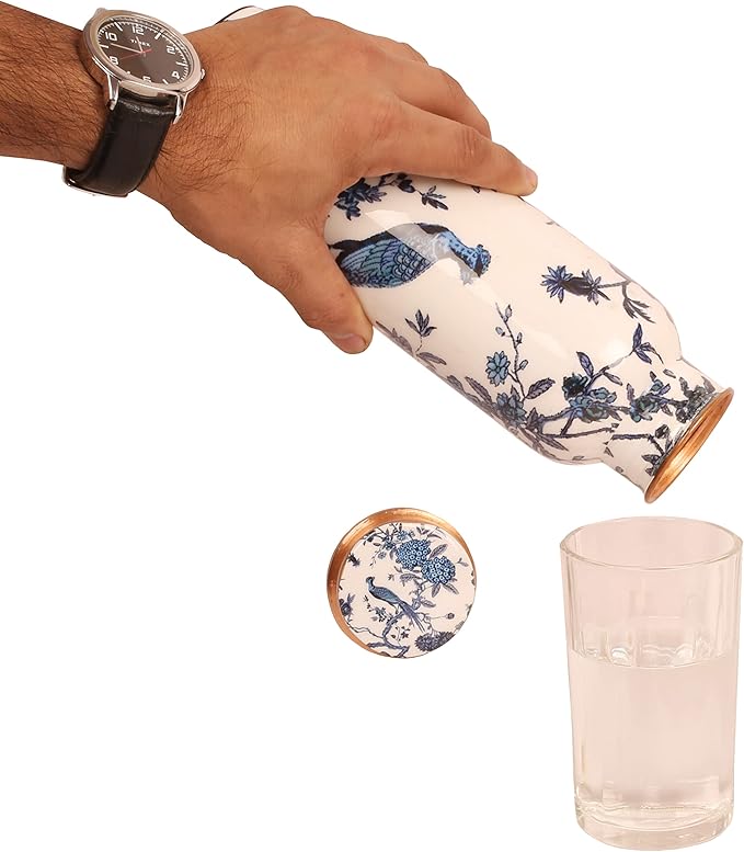Pure Copper Water Bottle - Handcrafted - Ayurveda health benefits - Large 35 oz - Leak proof, Easy to carry for Sports, Fitness, Yoga, School - White Base Indigo Blue Floral Peacock Enamel