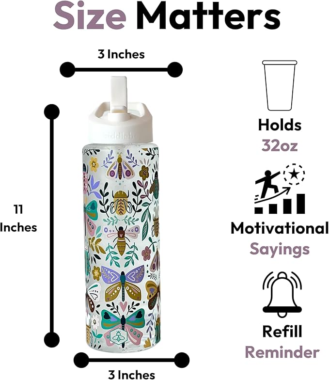 Biddlebee 32oz. Hydration Tracker Water Bottles with Times To Drink | Big Motivational Water Bottle with Time Marker, Straw Lid, & Measurements | BPA-Free (Garden Insects)
