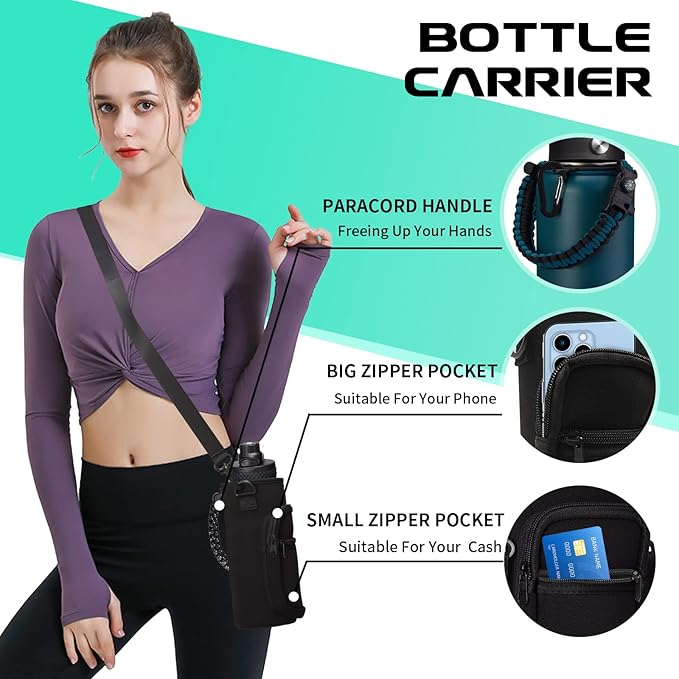 Vacuum Insulated Water Bottle 40oz - with Straw & Spout Lids, Paracord Handle, Shoulder Carrier Bag, Sport Stainless Steel , Double-wall Metal Water Bottle Thermo Hydro Mug Flask