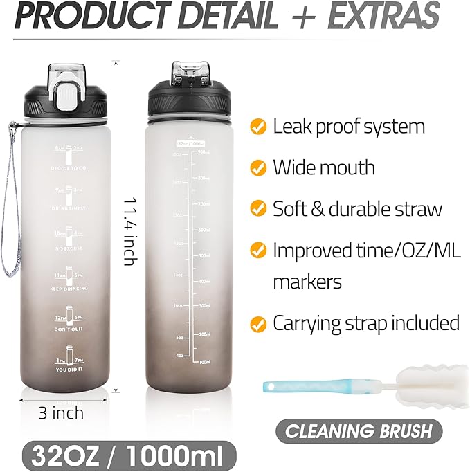 Motivational Water Bottle with Time Marker- 32oz Water Bottles with Times to Drink, Leakproof & BPA Free Sports Water Bottle with Straw & Carry Strap for Fitness, Gym, and Outdoor Sports