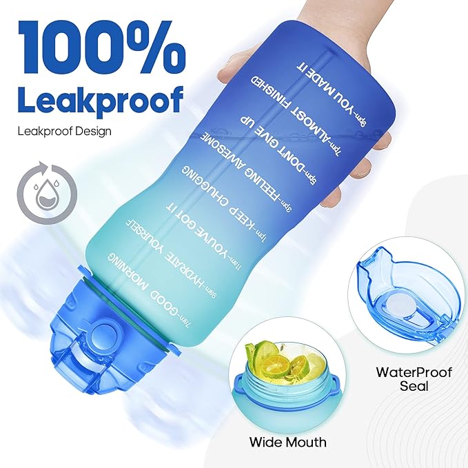 Water Bottles 1 / Half Gallon with Time Marker and Straw, Large Fitness Sports Motivational Bottle, Wide Mouth Leakproof and BPA Free for Travel, Gym,office,school