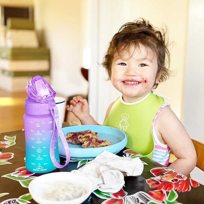 OLDLEY Kids Water Bottle for School, 12 oz (2 lids) BPA-Free Reusable Leak-proof Durable Tritan Plastic Water Bottles with Straw & Chug Lids, Anti-dust Spout Cover (Macaroon)