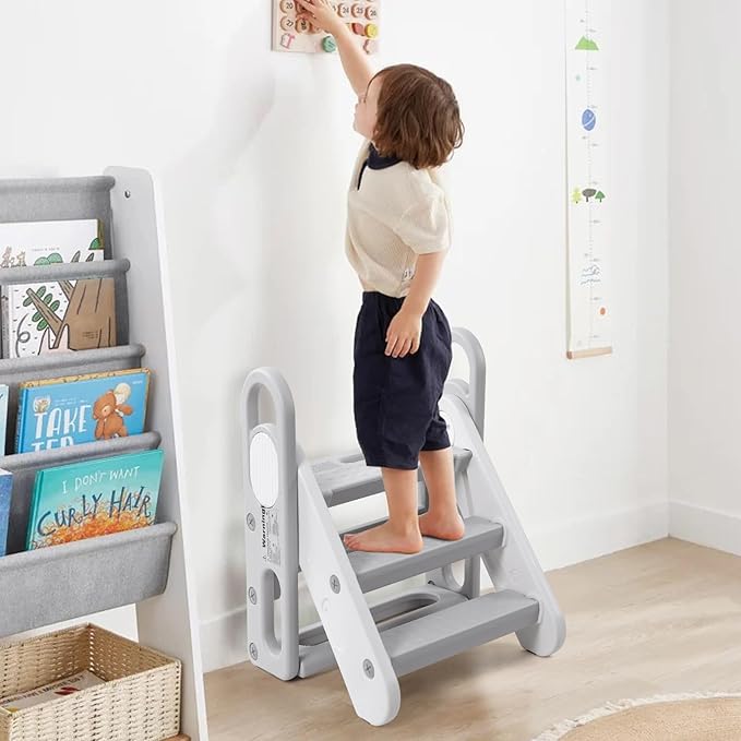 Foldable Toddler Step Stool for Bathroom Sink, Adjustable 3 Steps Ladder for Toddlers with Handles, Folding Nursery Step Stool for Kids Toilet Potty Training, Kitchen Counter Standing Helper, Grey