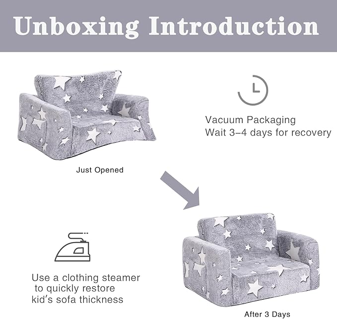 Tiita Kids Chair Comfy, Toddler Plush Sofa Bed Fold Out, 2-in-1 Kids Couch Chairs Flip Out, Convertible Children Couch Lounger, Baby Armrest Chair Bed for Girl or Boy, Grey Star