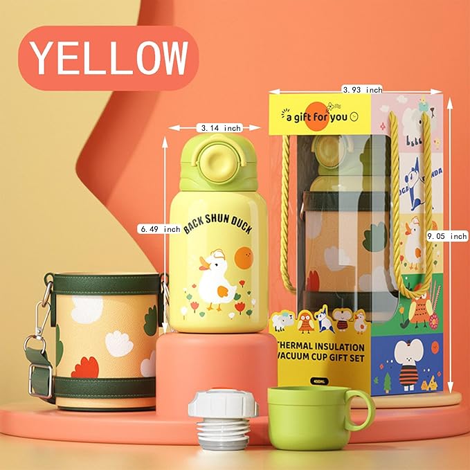 Cute Water Bottle for Girls, Kawaii Kids Water Bottles with Straw Drinking Bottle, Portable Leakproof 15 oz Water Jug for School Camping (YELLOW)