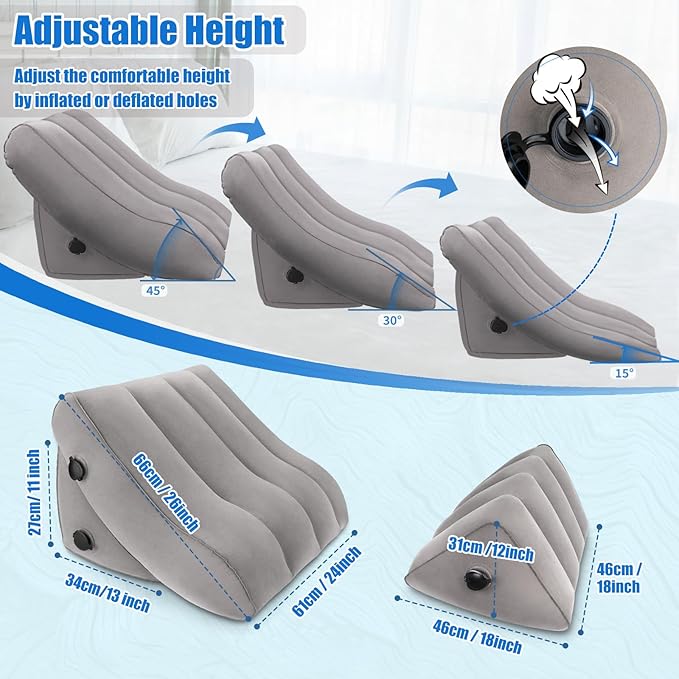 SAHEYER Inflatable Bed Wedge Pillow Set, 2 PCS Post Surgery Support Pillow for Back, Knees, Leg Pain Relief, Adjustable Sitting Pillows for Acid Reflux, Anti Snoring, Heartburn, GERD Sleeping (Grey)