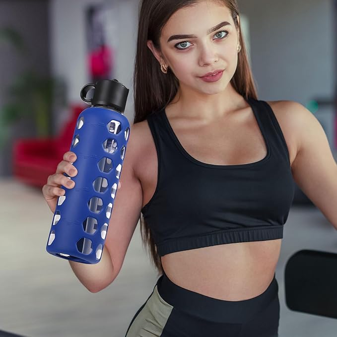 MUKOKO Glass Water Bottles, 24oz Glass Tumbler, Drinking Bottles with 2 Lids-Handle Flip Straw Lid&Bamboo Lid, Motivational Water Bottle with Time Marker and Silicone Sleeve, Leakproof-1 Pack-Blue