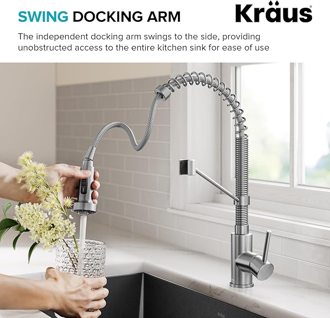 Kraus KPF-1610SFSMB Bolden 18-Inch Commercial Kitchen Faucet with Dual Function Pull-Down Sprayhead in All-Brite Finish, Spot Free Stainless Steel/Matte Black