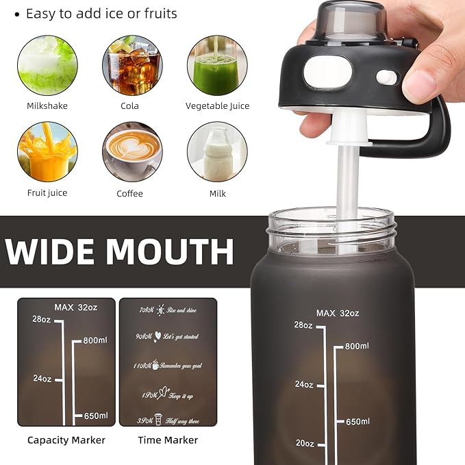 SIEROZUR 32 oz Glass Water Bottle with Straw and Handle Large Sports Motivational Water Bottle with Locking Lid and Time Marker Leakproof Water Jug for Daily Hydration Intake BPA Free