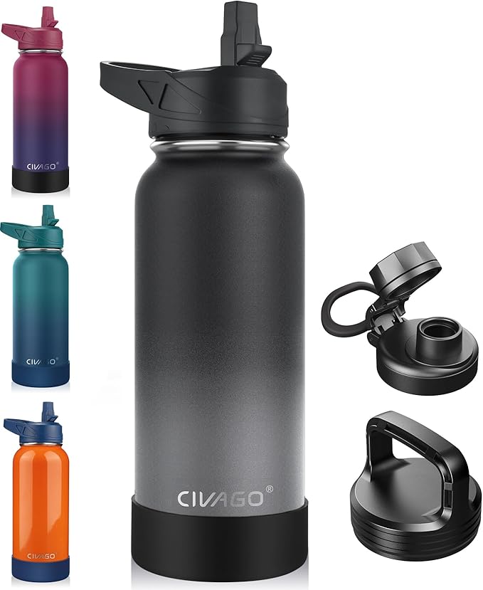 CIVAGO 32 oz Insulated Water Bottle With Straw, Stainless Steel Sports Water Cup Flask with 3 Lids (Straw, Spout and Handle Lid), Wide Mouth Travel Thermal Mug, Dreamy Black Gray