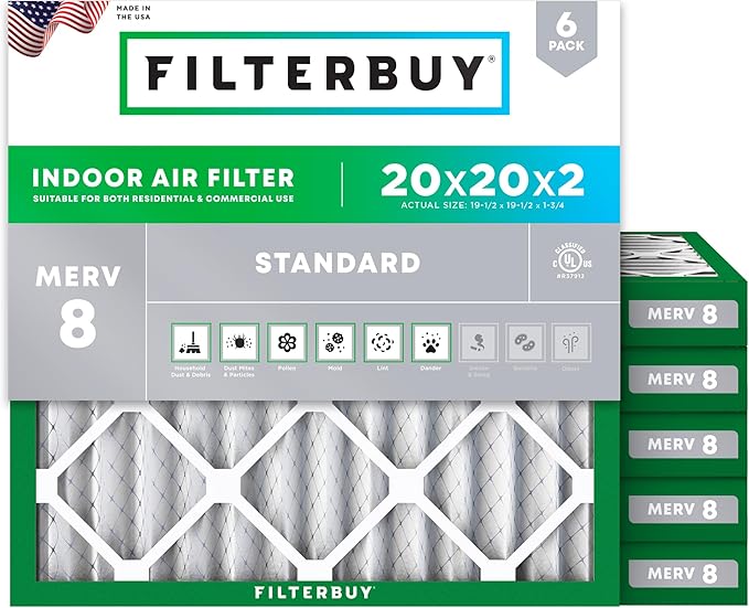 Filterbuy 20x20x2 Air Filter MERV 8 Dust Defense (6-Pack), Pleated HVAC AC Furnace Air Filters Replacement (Actual Size: 19.50 x 19.50 x 1.75 Inches)