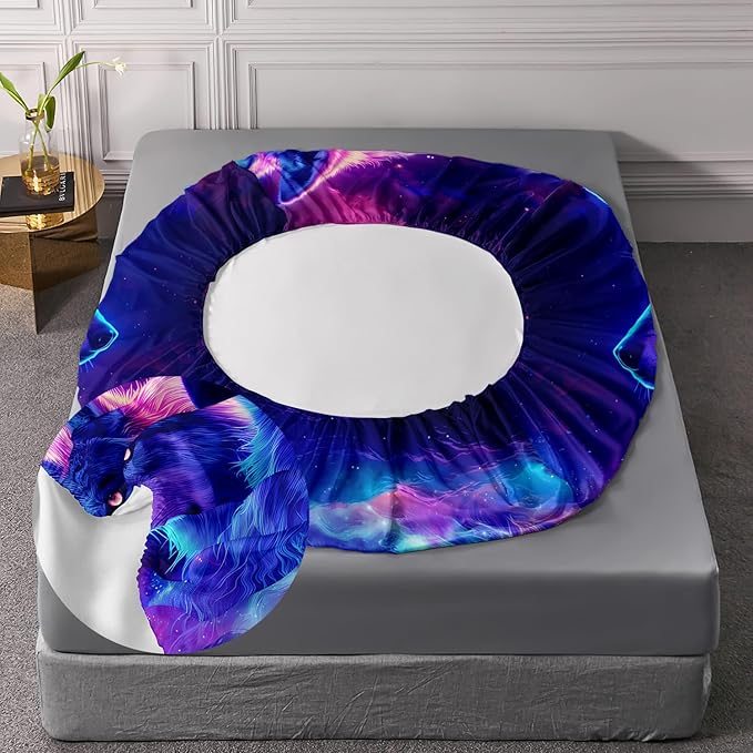 AILONEN Wolf Fitted Sheet Set Full Size for Boys,Purple Galaxy Wolf Bed Sheet Set for Kids Teen, 3 Pieces Safari Wolf Sheet Set,Starry Wolves Fitted Sheet with 2 Pillowcases
